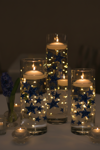 50 estrellas flotantes azules, tamaño grande brillante, rinde 1 galón para sus jarrones, incluye kit de geles flotantes transparentes, opción 3 cadenas de luces LED sumergibles con batería sumergible y oculta