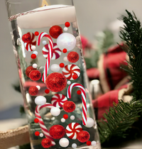 Candyland navideño "flotante": bastones de caramelo, piruletas, perlas rojas y blancas, con gemas festivas - Decoraciones de jarrones