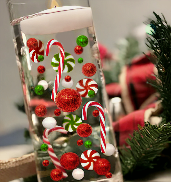 50 Floating Christmas Sparkling Red/Green Candy Canes-Peppermints-Pearls-Fills 1 Gallon-With Measured Transparent Water Gels Floating Kit-Option:Lites