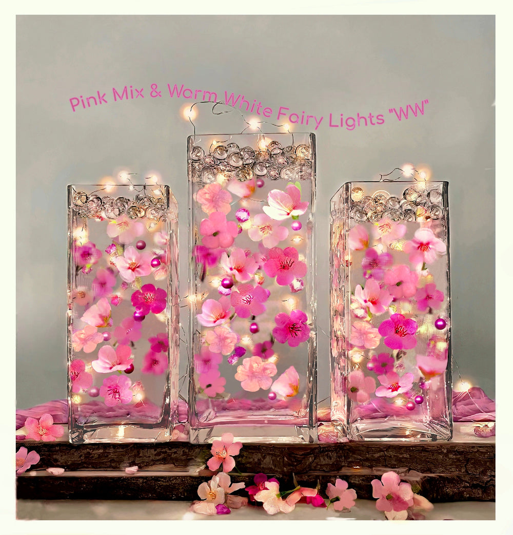 60 Floating Pink Cherry Blossoms Flowers, Pebbles, & Pearls-Makes 1 Gallon of the Transparent Water Gels for your Vases- Option of 3 Submersible LED Fairy Lights Strings/Hidable & Submersible Batteries