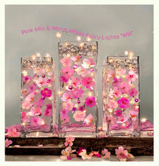 60 Floating Pink Cherry Blossoms Flowers, Matching Pebbles, and Pearls- Fills 1 Gallon of the Transparent Water Gels for your Vases- With Measured Prep Bag- Option of 3 Submersible Fairy Lights Strings