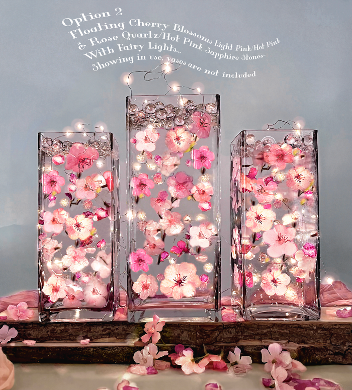 60 Floating Pink Cherry Blossoms with Rose Quartz & Pink Sapphire Glass-Fills 1 Gallon of Floating Blossoms and Crystal Clear Floating Gels for Your vases-With Measured Prep Bag-Option:3 Submersible Fairy Lights