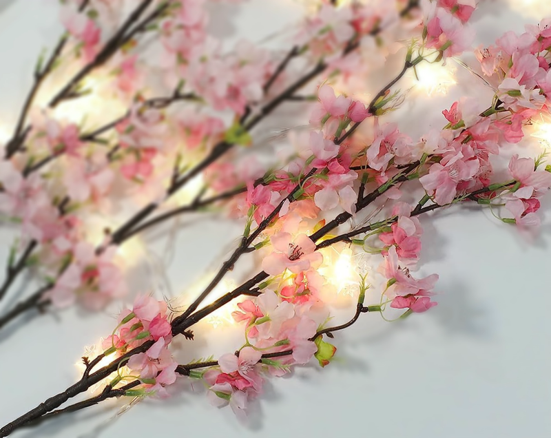 60 Floating Pink Cherry Blossoms Flowers with Rose Quartz Pink & Sapphire Glass-Fills 1 Gallon for Your vases-With Measured Kit-Option:3 Submersible Fairy Lights-Vase Decorations