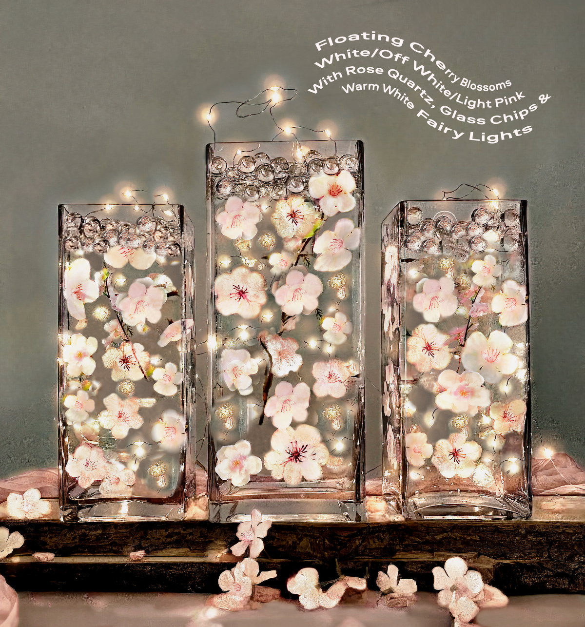 60 Floating White/Off White/Pink Cherry Blossoms Flowers with Matching Chipped Glass or Pearls-Fills 1 Gallon for Your vases-With Measured Floating Kit-Option:3 Submersible Fairy Lights-Vase Decorations