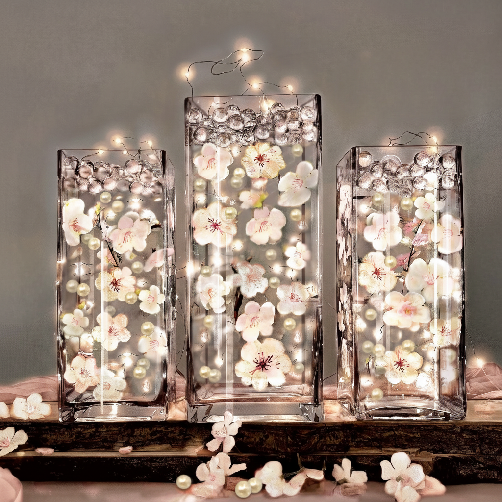 60 Floating Ivory White Light Pink Cherry Blossoms Flowers- Matching Pebbles & Pearls- Fills 1 Gallon of the Floating Transparent Water Gels for Your Vases- With Exclusive Measured Prep Bag- And Option of 3 Submersible Fairy Lights Strings