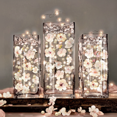 60 Floating Ivory White Light Pink Cherry Blossoms Flowers- Matching Pebbles & Pearls- Fills 1 Gallon of the Floating Transparent Water Gels for Your Vases- With Exclusive Measured Prep Bag- And Option of 3 Submersible Fairy Lights Strings