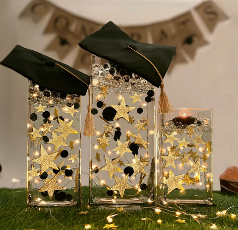 50 Floating Gold Stars-Large Sizes-Sparkling-Fills 1 Gallon of Transparent Floating Gels for Your Vases - With Gels Measured Prep Bags - Option of 6 Submersible Fairy Lights Strings