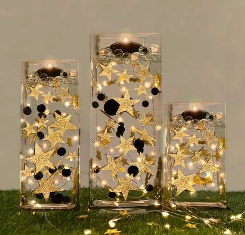 50 Floating Gold Stars-Large Sizes-Sparkling-Fills 1 Gallon of Transparent Floating Gels for Your Vases - With Gels Measured Prep Bags - Option of 6 Submersible Fairy Lights Strings