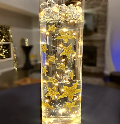 50 Floating Gold Stars-Large Sizes-Sparkling-Fills 1 Gallon of Transparent Floating Gels for Your Vases - With Gels Measured Prep Bags - Option of 6 Submersible Fairy Lights Strings