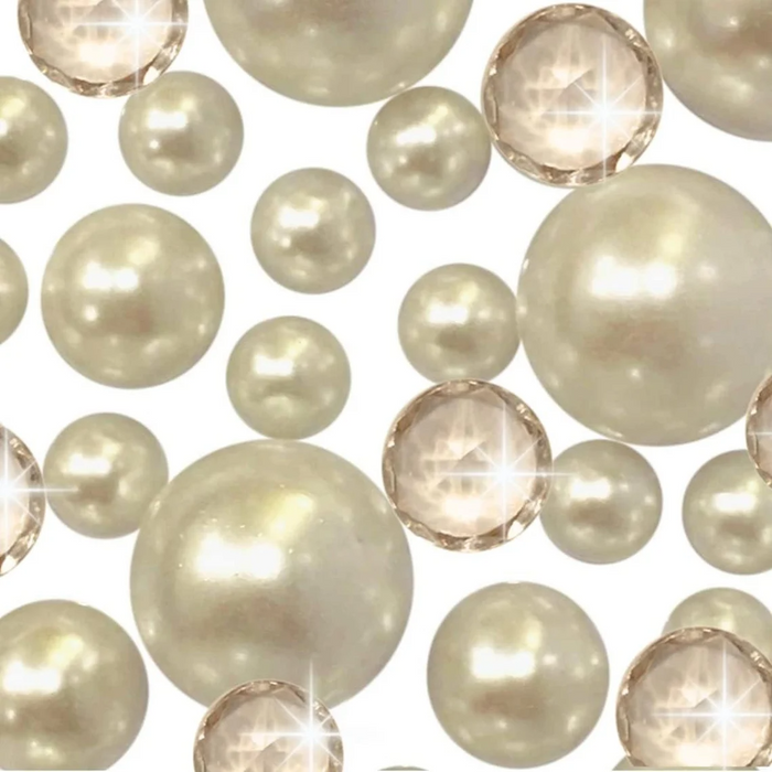 100 "Floating" Ivory Pearls and Matching Gems-Shiny-Jumbo Sizes-Fills 2 Gallons for Your Vases-With Transparent Water Gels Floating Kit-Option: 6 Submersible Fairy Lights Strings