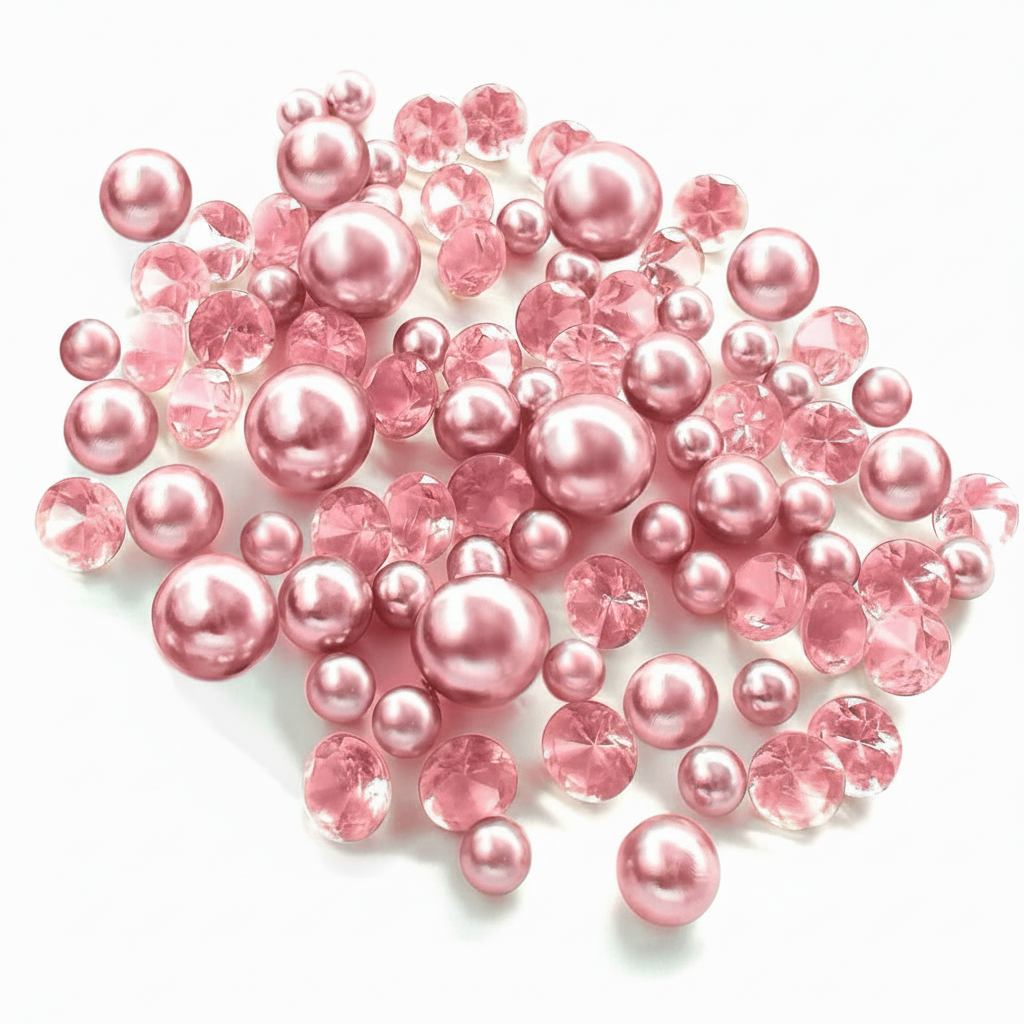 120 perlas rosadas y blancas "flotantes" con detalles de gemas brillantes, tamaño gigante sin agujeros y varios tamaños para decoración de jarrones y esparcidos de mesa
