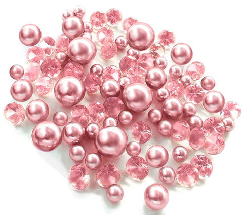 100 Floating Light Pink Pearls with Matching Gems- Large Sizes- Fills 2 Gallons of Transparent Floating Gels for Your Vases - With Gels Measured Prep Bags - Option of 6 Submersible Fairy Lights Strings