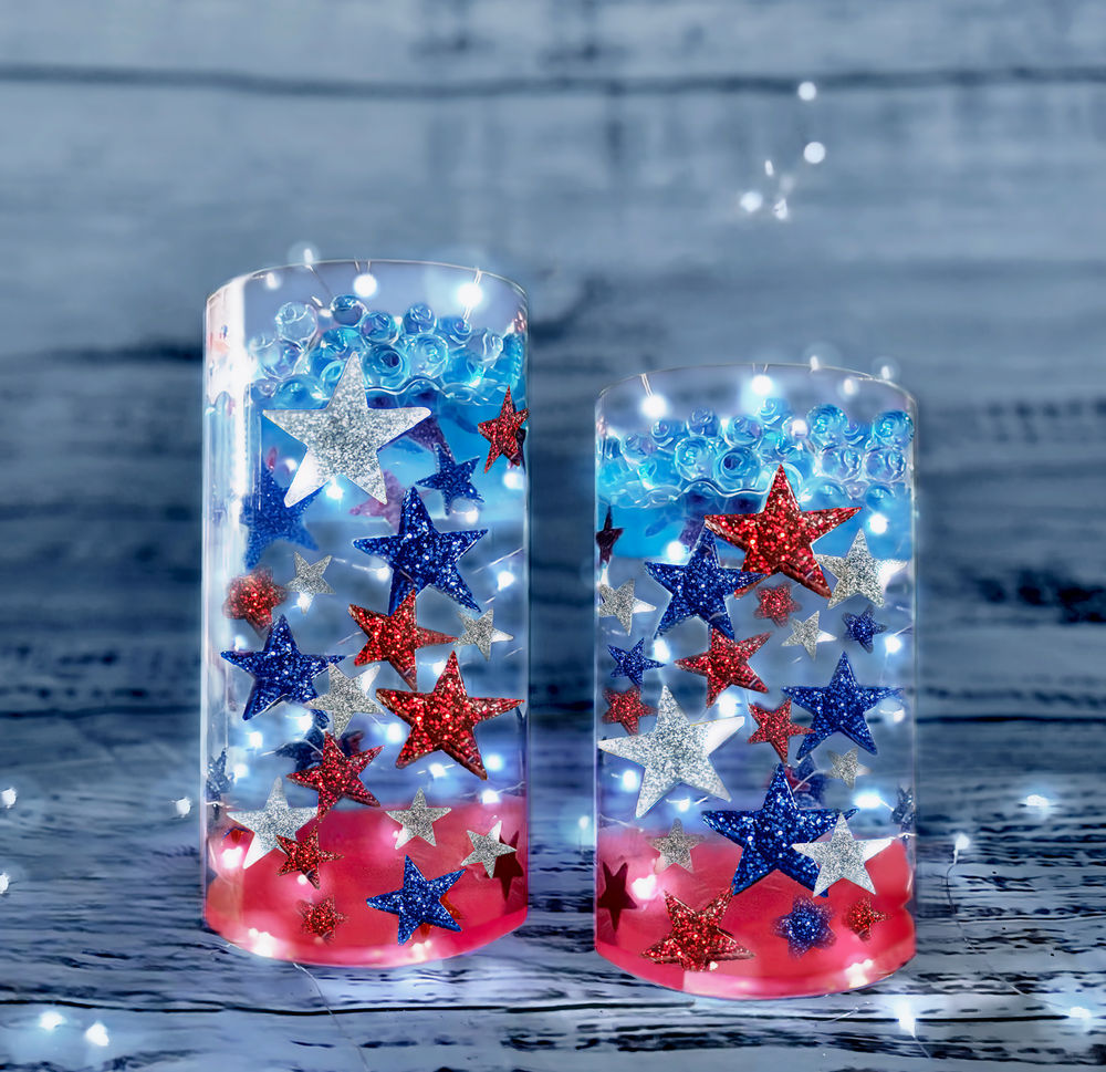75 Floating Glitter Patriotic Stars & Red/Blue Color Effects- Fill 1 Gallon of Transparent Gels for Floating Effect-With Measured Floating Gels Bag-Option 3 Submersible LED Fairy Lights Strings with Hidable and Submersible Battery