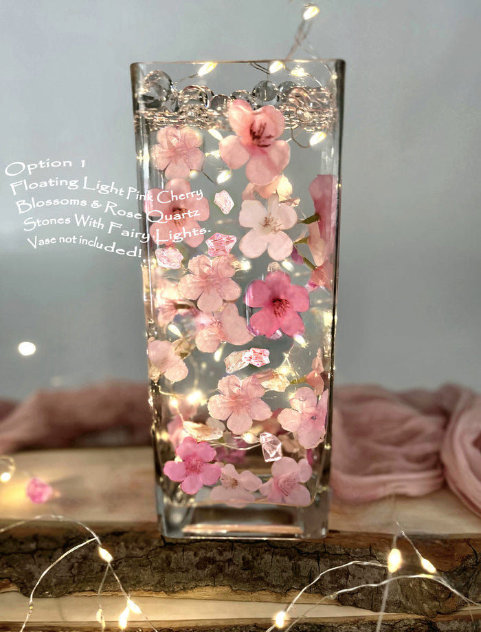 60 Floating Pink Cherry Blossoms Flowers with Rose Quartz & Pink Sapphire Glass-Fills 1 Gallon of Crystal Clear Gels for Your vases-With Measured Kit-Option:3 Submersible Fairy Lights