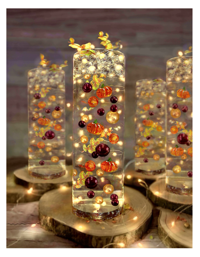 50 Fall Thanksgiving Floating Glowing Pumpkins, Leaves, and Pearls- Fills 1 Gallon of the Floating Transparent Gels for Your Vases- Option to Add 3 Submersible Fairy Lights Strings