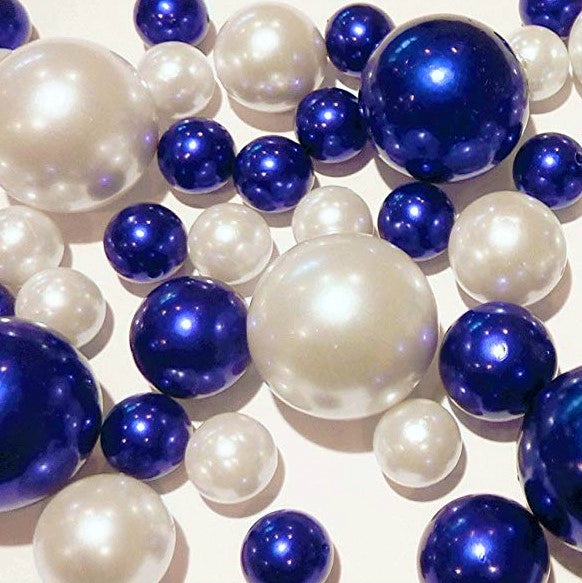 100 Floating Royal Blue/Navy Pearls and White Pearls-Shiny-Jumbo Sizes-Fills 2 Gallons for Your Vases-With Transparent Water Gels Floating Kit-Option: 6 Submersible Fairy Lights Strings