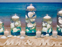 70 Floating Natural Large White Seashells-Pearls-Pebbles-Vivid Aqua Sea Color Gels-Fills 1 Gallon for your vases-With Transparent Water Gels Measured Floating Kit-Option: 3 Submersible Fairy Lights-Vase Decorations