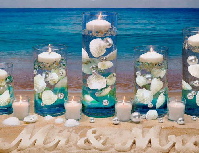 100 Floating Large Natural White Seashells-White Coral Reef-Pearls-Vivid Aqua Sea Color Gels-Fills 1 Gallon of The Most Transparent Gels for Vases-With Exclusive Transparent Gels Measured Floating Kit-Option: 3 Submersible Fairy Lights Strings