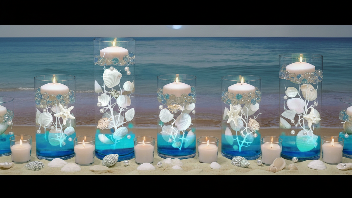 75 Floating Seashells White with a Few Mixed- Coral Reef- Pearls- Aqua Beads- Option of 3 Submersible LED Fairy Lights Strings Warm White (Hidable Submersible Batteries)- Fills 1 Gallon of the Transparent Gels