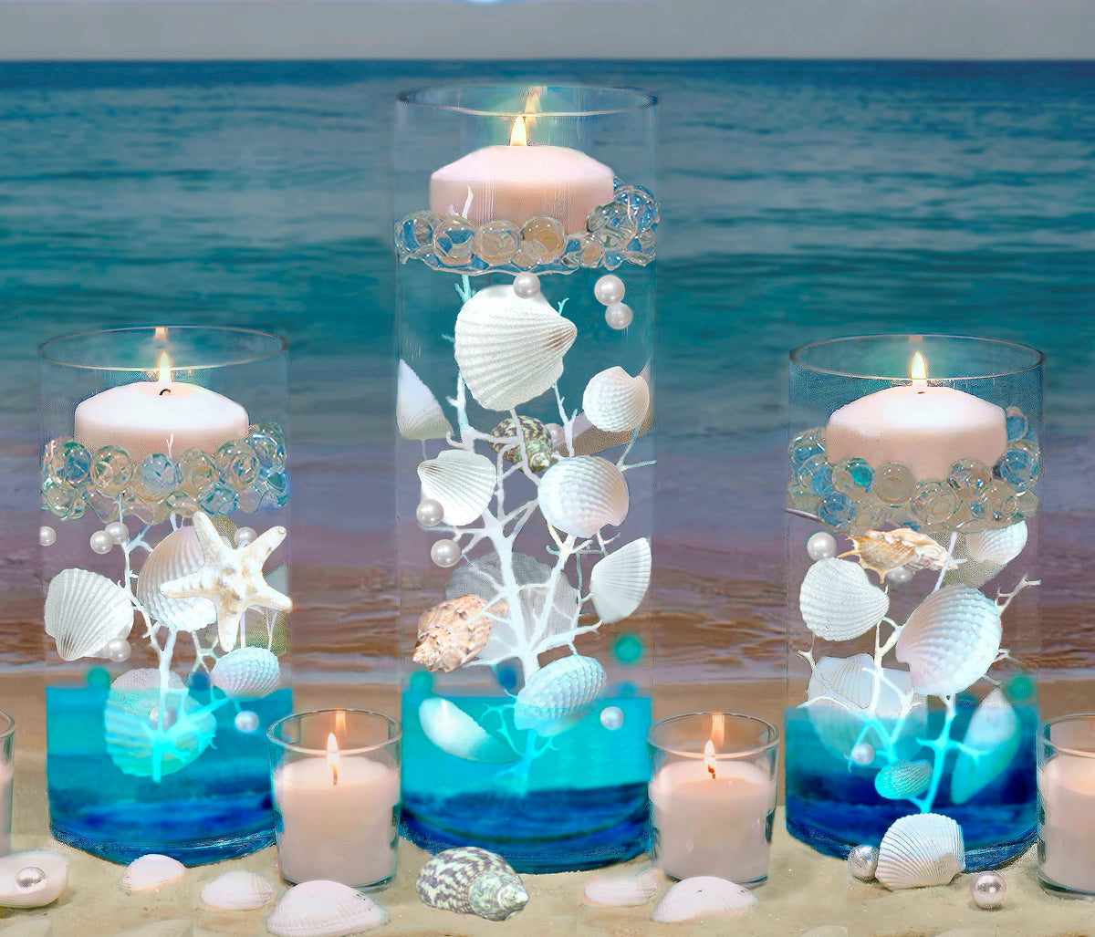 75 Floating White & Multi Seashells- White Coral Reef- Pearls- Aqua Sea Color Gels- Option of 3 Submersible LED Fairy Lights Strings With Hidable & Submersible Batteries- Fills 1 Gallon for Your Vases