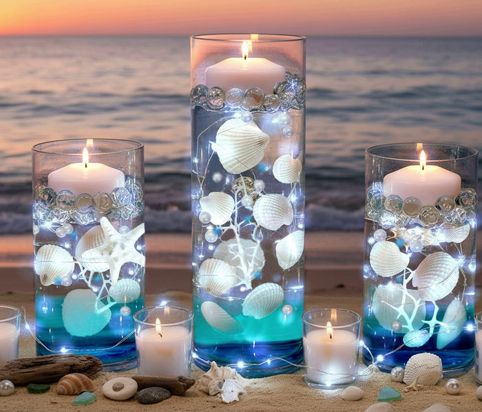 75 Floating White Seashells-White Starfish-Coral Reef-Pearls-Aqua Beads-Option to add 3 Submersible LED Fairy Lights Strings with Hidable Submersible Batteries- Fills 1 gallon of the Transparent Water Gels for the Floating Effects