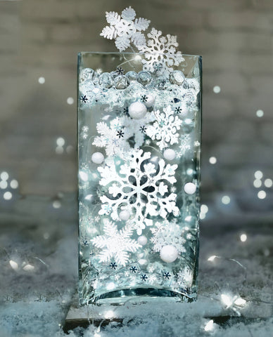 50 White Floating Snowflakes & Pearls - Fills 4 Medium Size Vases (not included) - With Option of 3 Submersible Fairy Lights Strings