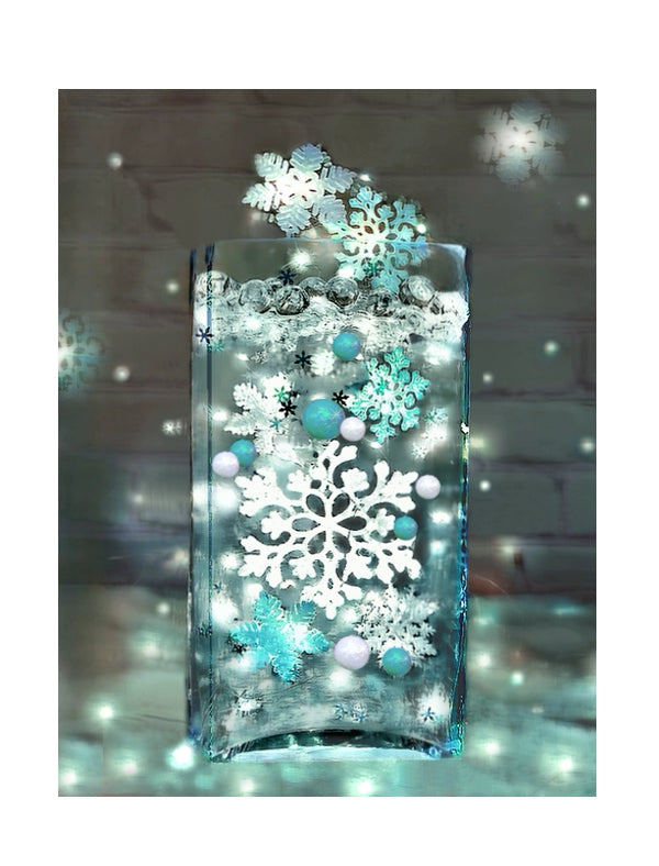 Copos de nieve blancos brillantes "flotantes" y perlas azul agua - Decoraciones de jarrón de invierno
