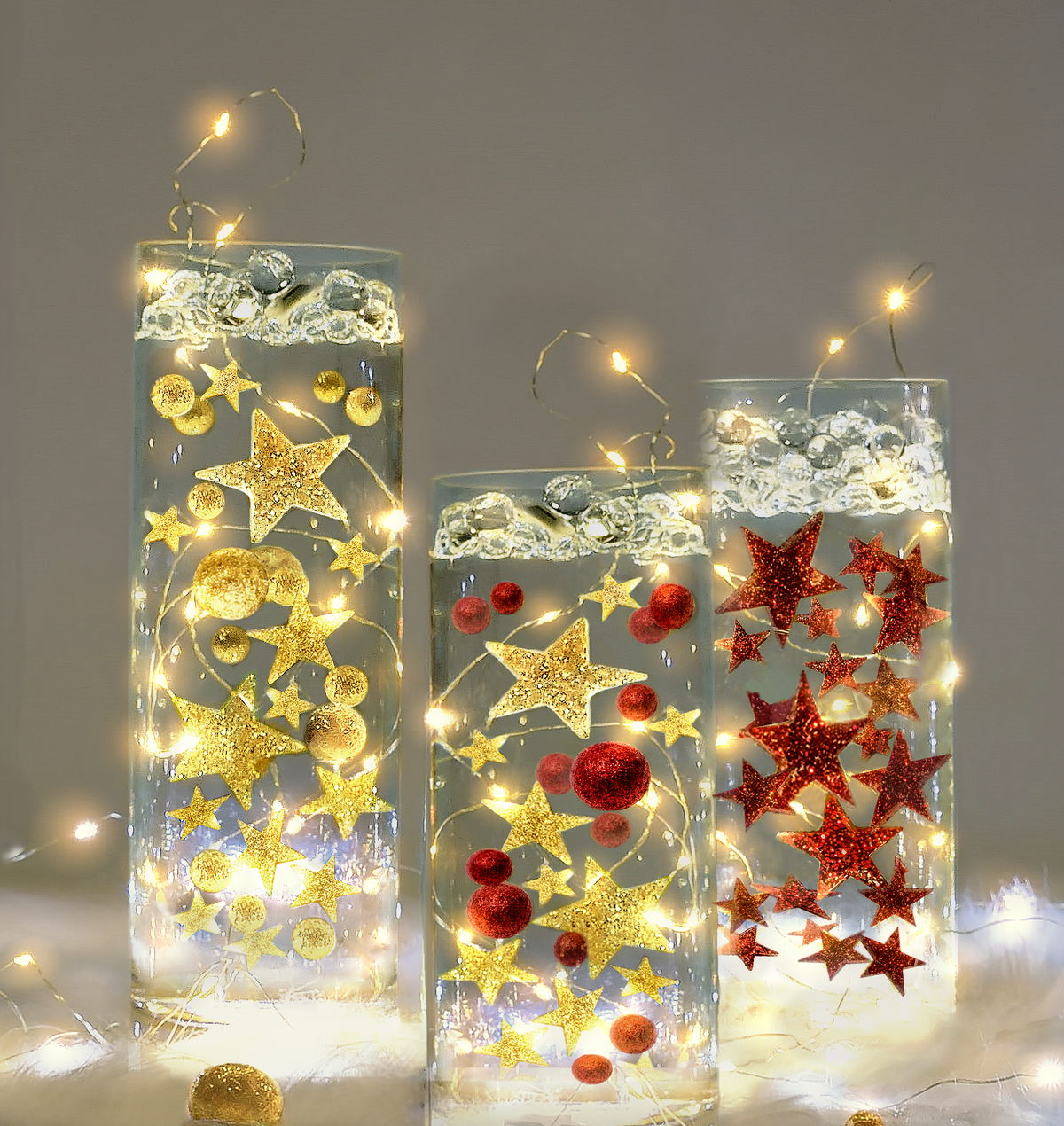 Floating Red Sparkling Stars-Large Sizes-Fills 1 Gallon for Your Vases-With Option: 3 Submersible Fairy Lights-Vase Decorations