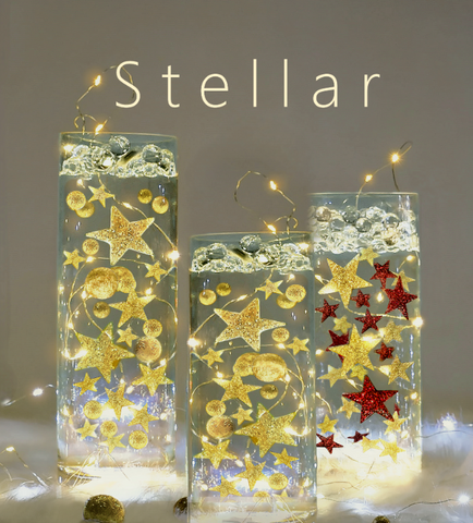 50 Floating Gold Stars-Large Sizes-Sparkling-Fills 1 Gallon of Transparent Floating Gels for Your Vases - With Gels Measured Prep Bags - Option of 6 Submersible Fairy Lights Strings