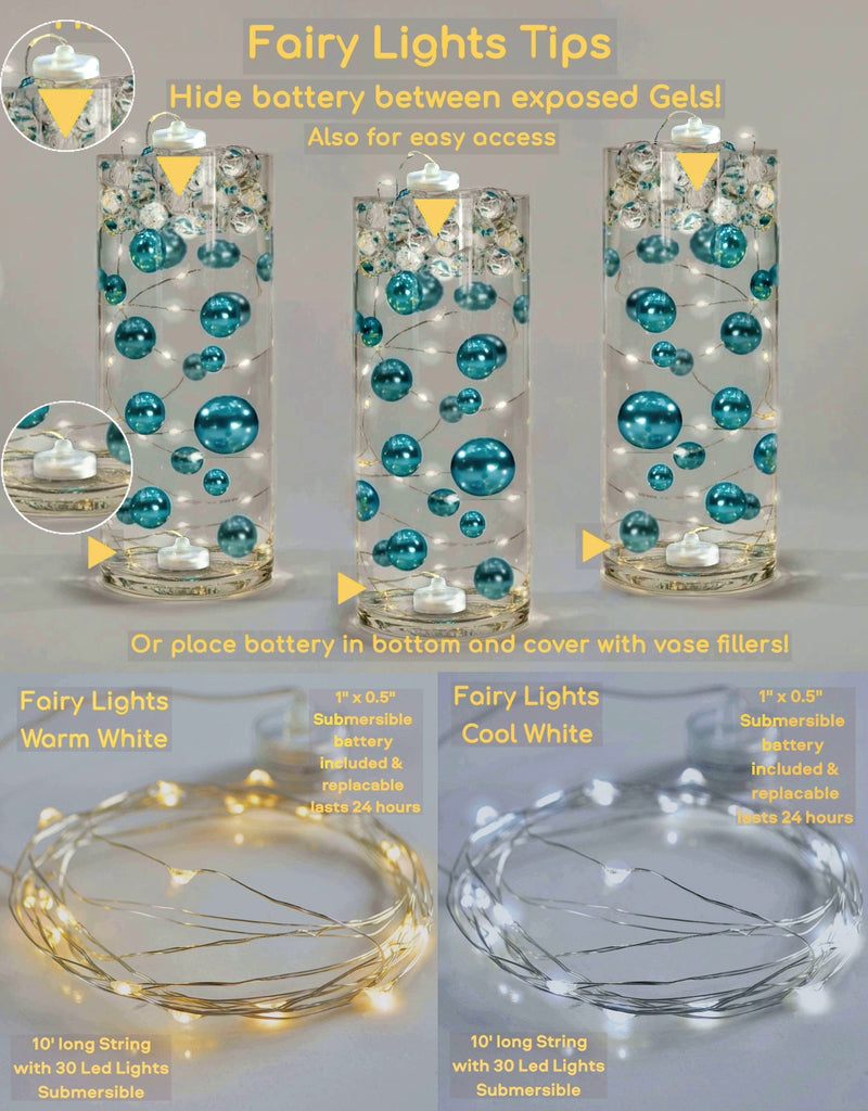 100 "Floating" Royal Blue Gems & White Pearls-Shiny-Jumbo Sizes-Fills 2 Gallons for Your Vases-With Transparent Water Gels Floating Kit-Option: 6 Submersible Fairy Lights Strings