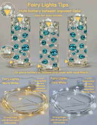 100 "Floating" Black Pearls and Matching Gems-Shiny-Jumbo Sizes-Fills 2 Gallons for Your Vases-With Transparent Water Gels Floating Kit-Option: 6 Submersible Fairy Lights Strings