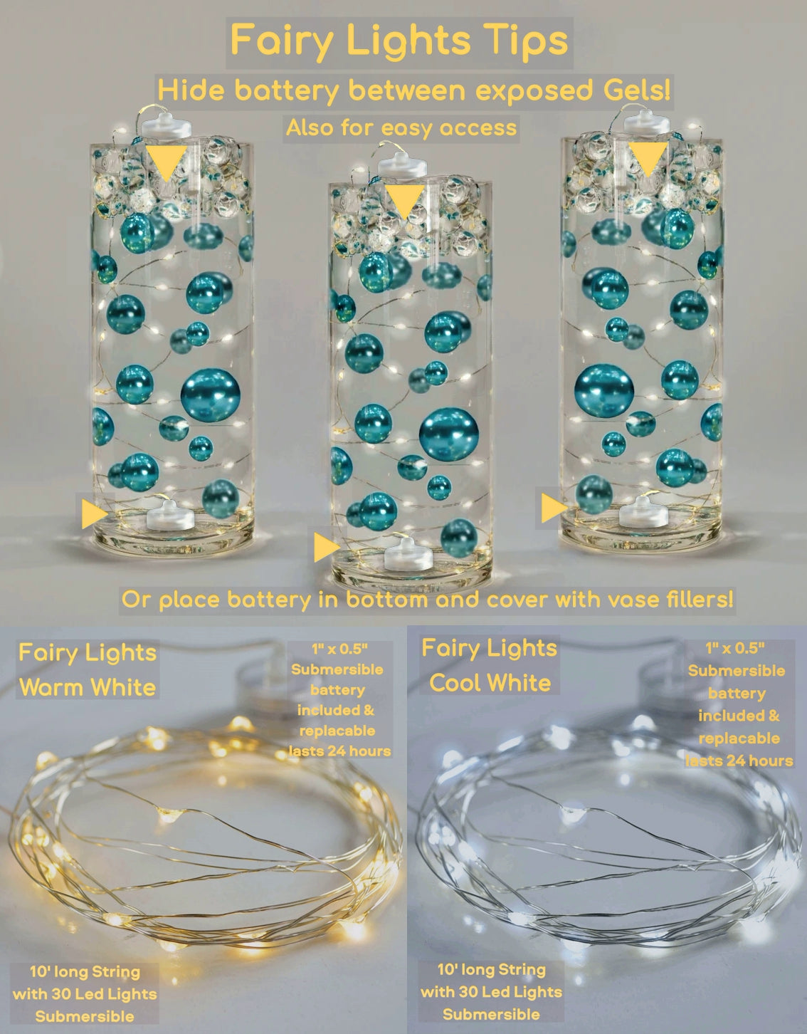 Perlas turquesas azules "flotantes" - Decoraciones de jarrón de tamaños gigantes/varios sin agujeros