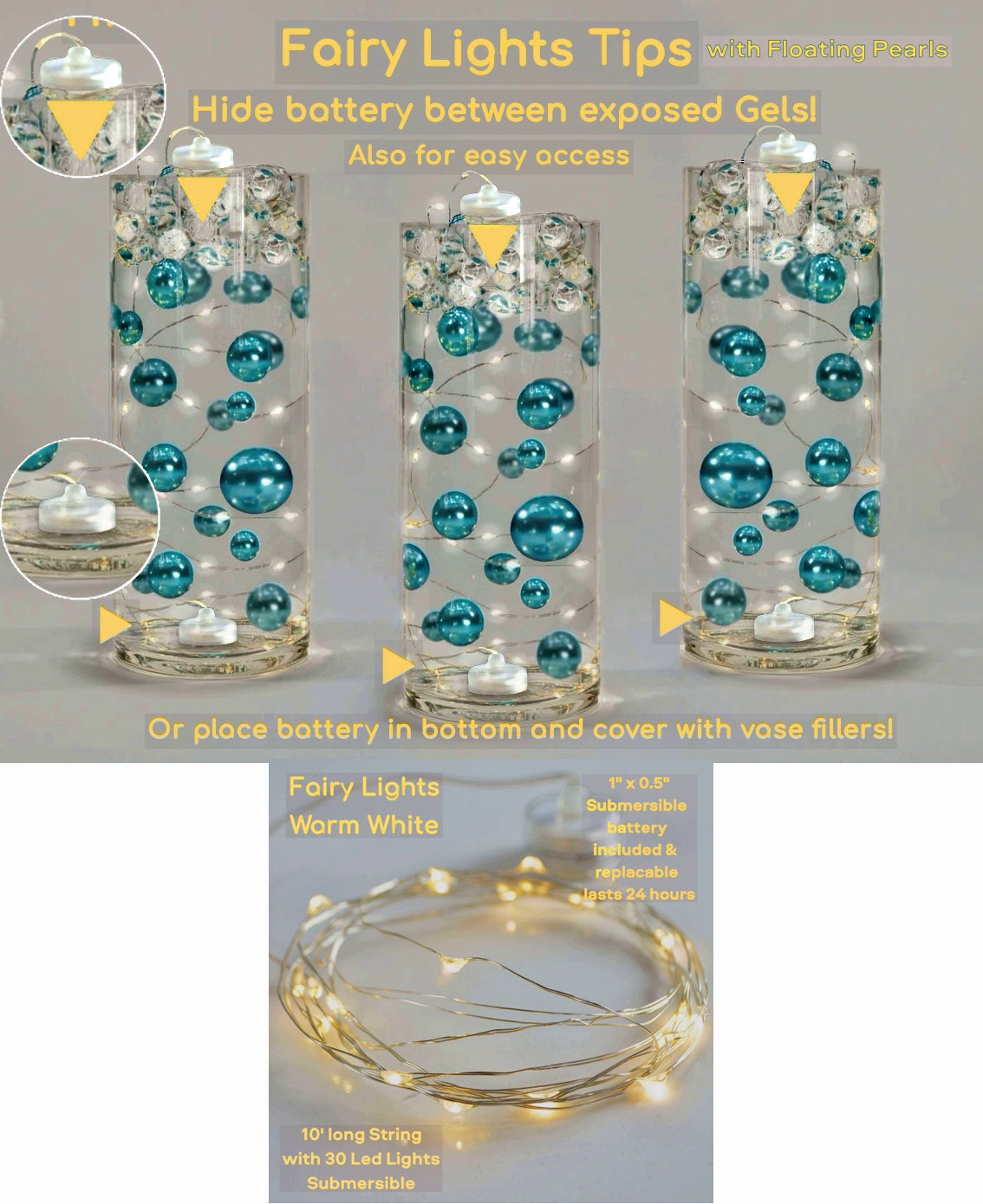 Floating Metallic Rose Gold Pearls - 1 Pk Fills 1 GL for Your Vase - With Transparent Gels Measured Kit - Option of Fairy Lights