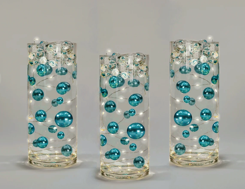 100 "Floating" Turquoise Blue Pearls and Matching Gems-Shiny-Jumbo Sizes-Fills 2 Gallons for Your Vases-With Transparent Water Gels Floating Kit-Option: 6 Submersible Fairy Lights Strings