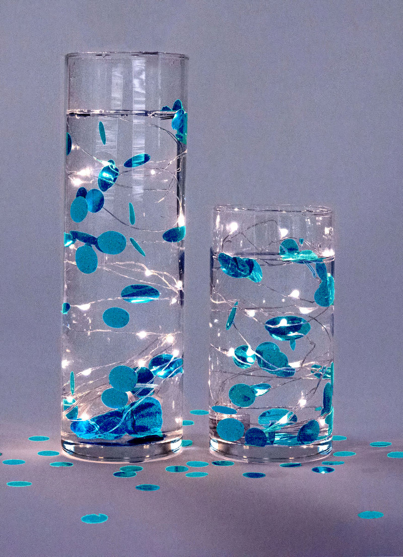 Floating Metallic Turquoise Blue Confetti - 2000pc - Fills 1 GL for Your Vases - Option of 3 Submersible Fairy Lights-