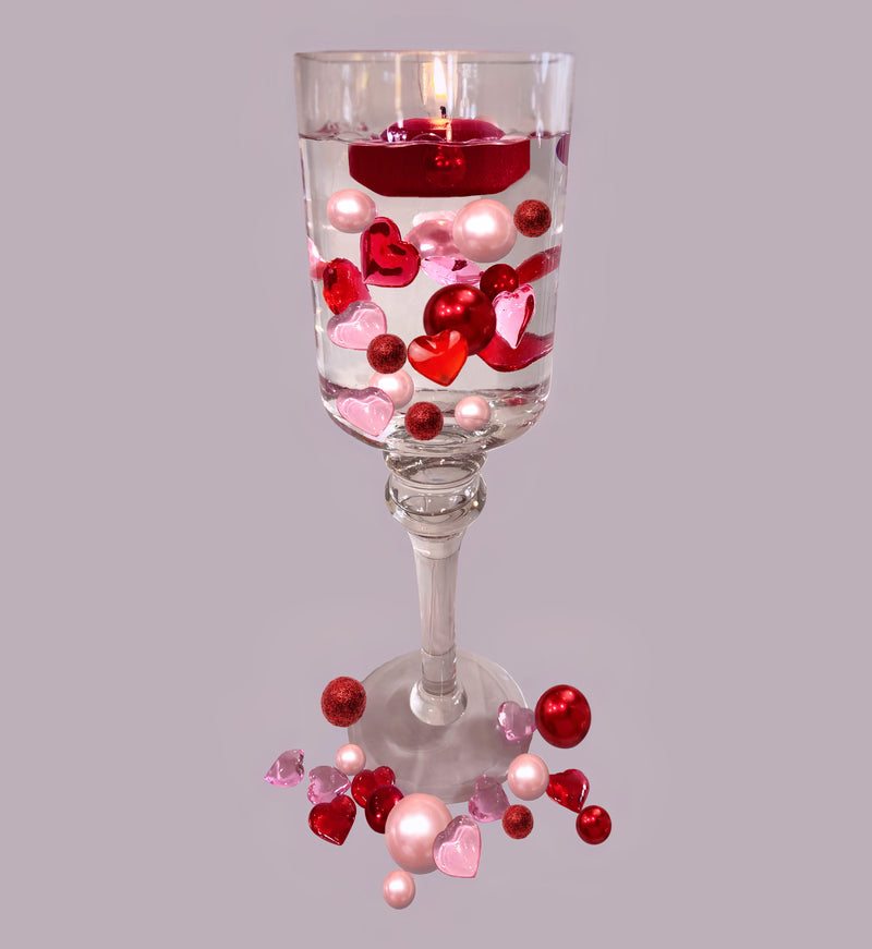 "Floating" Valentine Red & Light Pink Pearls with Matching Heart Gems – Jumbo/Assorted Sizes for Vase Decorations & Table Scatter