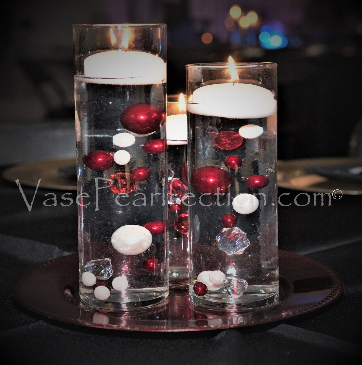 130 "Floating" Red and White Pearls with Sparkling Gem Accents - No Hole Jumbo/Assorted Sizes Vase Decorations and Table Scatter - Option: 6 Submersible Fairy Lights Strings