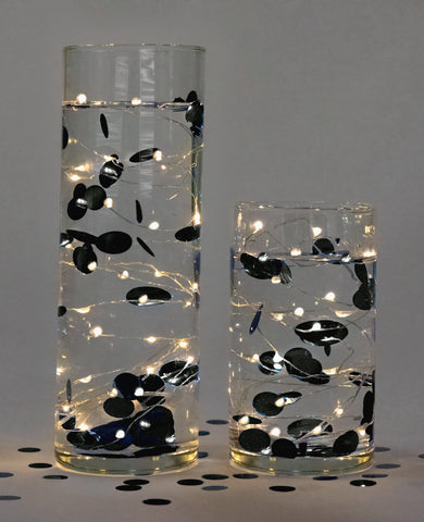 Floating Metallic Black Confetti-2000pc-Fills 1 Gallon for Your Vases-Option of 3 Submersible Fairy Lights