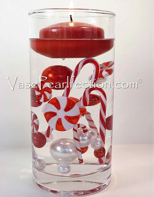 "Floating" Christmas Candy Canes, Peppermints, Red & White Festive Pearls & Gems  1 Pk Fills 1 GL for Your Vase - With Transparent Gels Measured Kit
