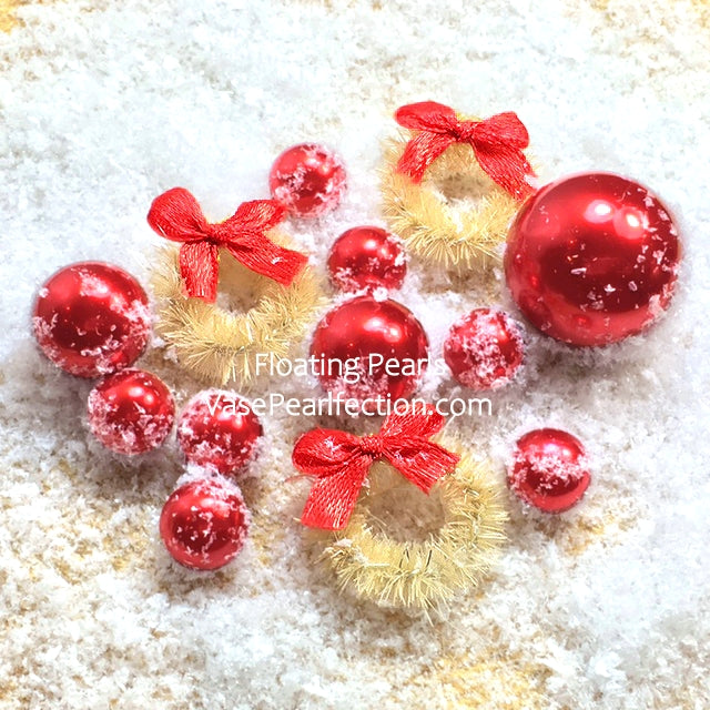 "Floating" Rustic Miniature Wreaths, Snow & Red Gems - with Snowing Effect - Christmas Vase Decorations