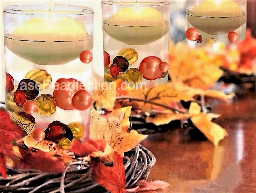 60 Floating Glowing Pumpkin Gems & Pearls-Fall Thanksgiving-1 Pk Fills 1 Gallon of Gels for the Floating Effect for Your Vase-With Transparent Gels Measured Floating Kit-Option: 3 Fairy Lights-Vase Decorations