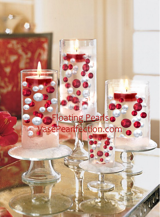 "Floating" Rustic Miniature Wreaths, Snow & Red Gems - with Snowing Effect - Christmas Vase Decorations