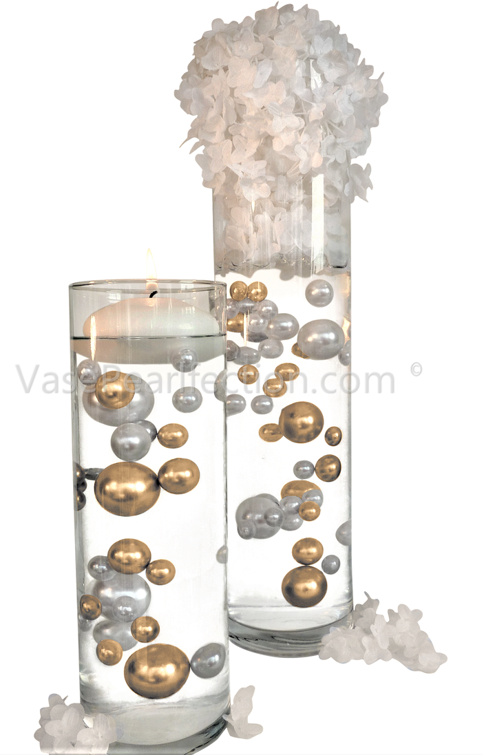 200 "Floating" Gold & White Pearls & Matching Sparkling Gem Accents - With Measured Gels Kit - Option 12 Fairy Lights - Vase Decorations