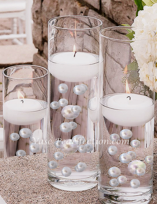 100 "Floating" White Pearls and Matching Gems-Shiny-Jumbo Sizes-Fills 2 Gallons for Your Vases-With Transparent Water Gels Floating Kit-Option: 6 Submersible Fairy Lights Strings