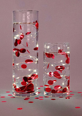 Floating Metallic Red Confetti - 1 Pk 2000pc - Fills 1 Gallon for Your Vases - Option of 3 Submersible Fairy Lights