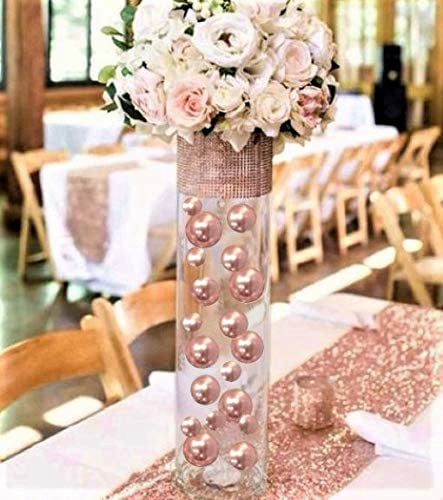80 "Floating" Rose Gold Pearls and Gems No Hole Jumbo & Assorted Sizes Vase Decorations + Includes Transparent Water Gels for Floating the Pearls