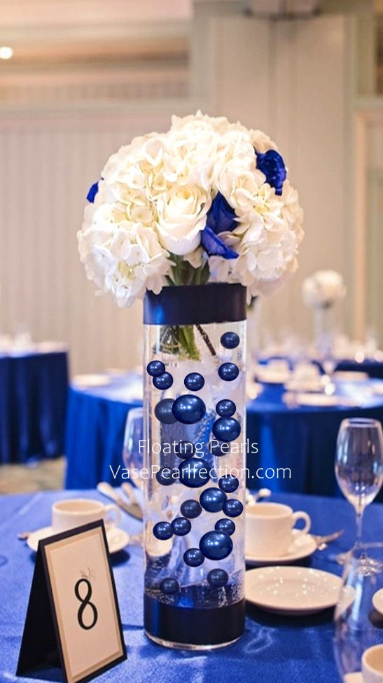 90 Floating Pearls Royal Blue/Navy & Silver Pearls-Fills 2 Gallons of Floating Pearls and Crystal Clear Gels For Vases-With Exclusive Floating Gels Measured Prep Bags+Option of 6 Submersible Fairy Lights