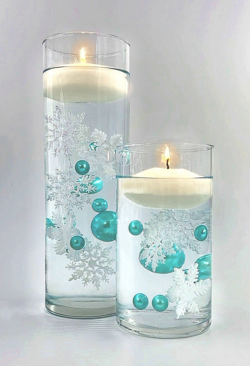 Flocons de neige blancs étincelants "flottants" et perles bleu aqua - Décorations de vase d'hiver