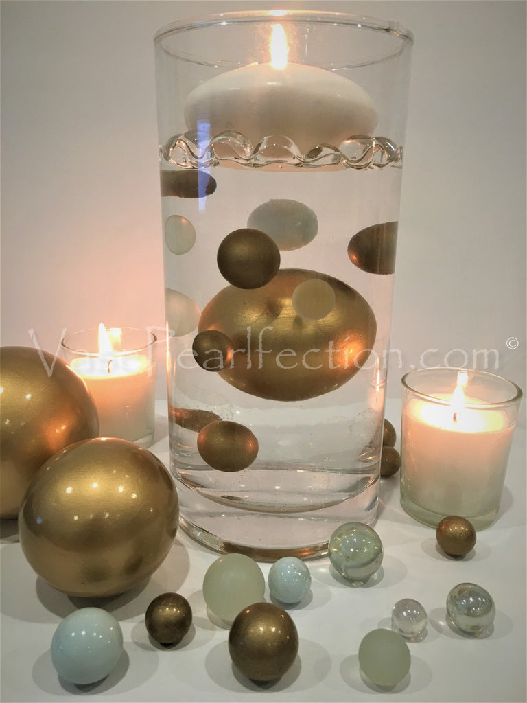 *Clearance* 80 Gold Theme Glass Marbles - No Hole Jumbo/Assorted Sizes Vase Fillers for Decorating Centerpieces
