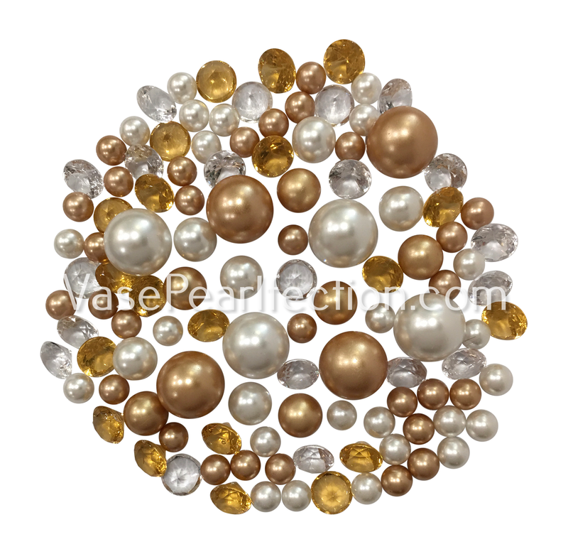 120 "Floating" Gold & White Pearls with Matching Gem Accents - No Hole Jumbo/Assorted Sizes Vase Decorations and Table Scatters - Option 6 Submersible Fairy Lights Strings